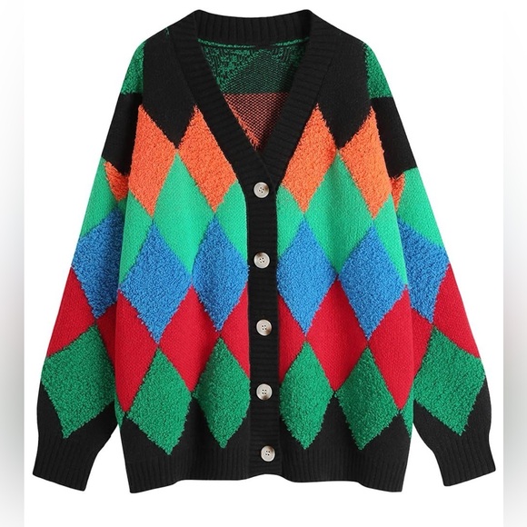 Colorblock Fuzzy Button Cardigan - Multicolor - Picture 4 of 4
